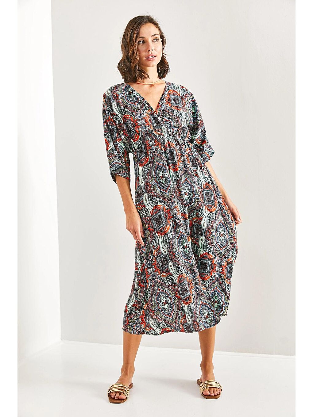 Karışık Kadın Kruvaze Yaka Önden Yırtmaçlı Elbise-2