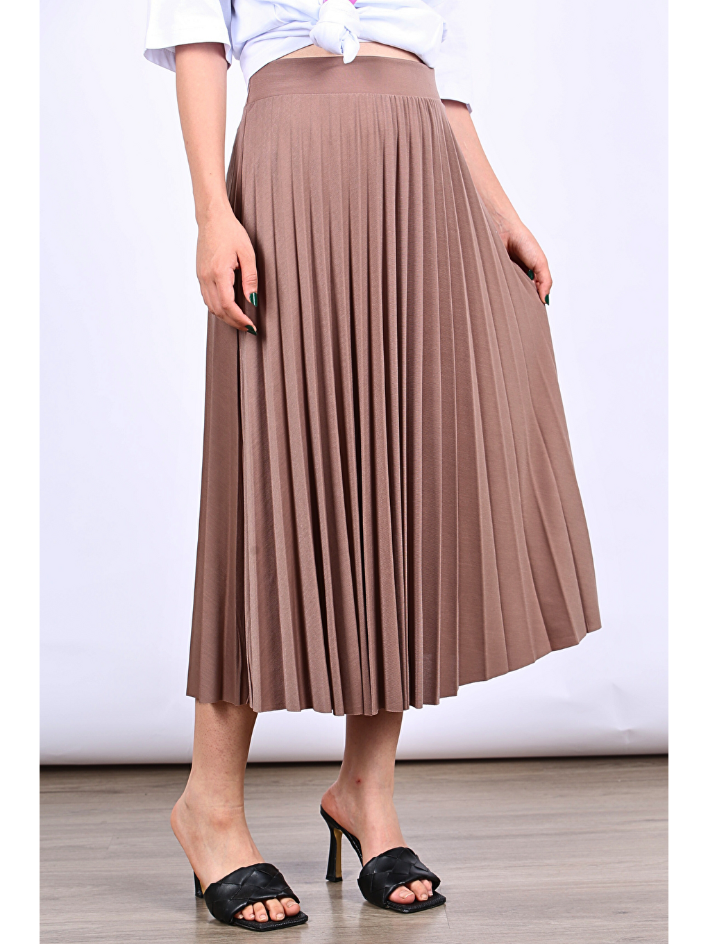 Kahverengi Pileli Kadın Midi Etek Mg1879-1