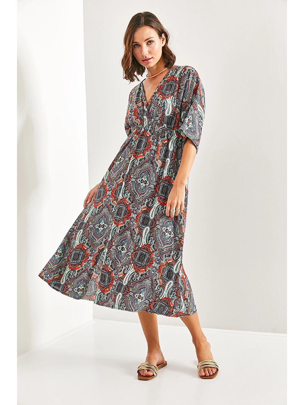 Karışık Kadın Kruvaze Yaka Önden Yırtmaçlı Elbise-3