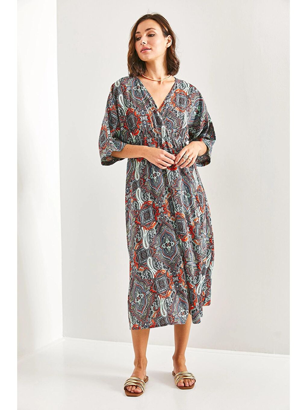 Karışık Kadın Kruvaze Yaka Önden Yırtmaçlı Elbise-4