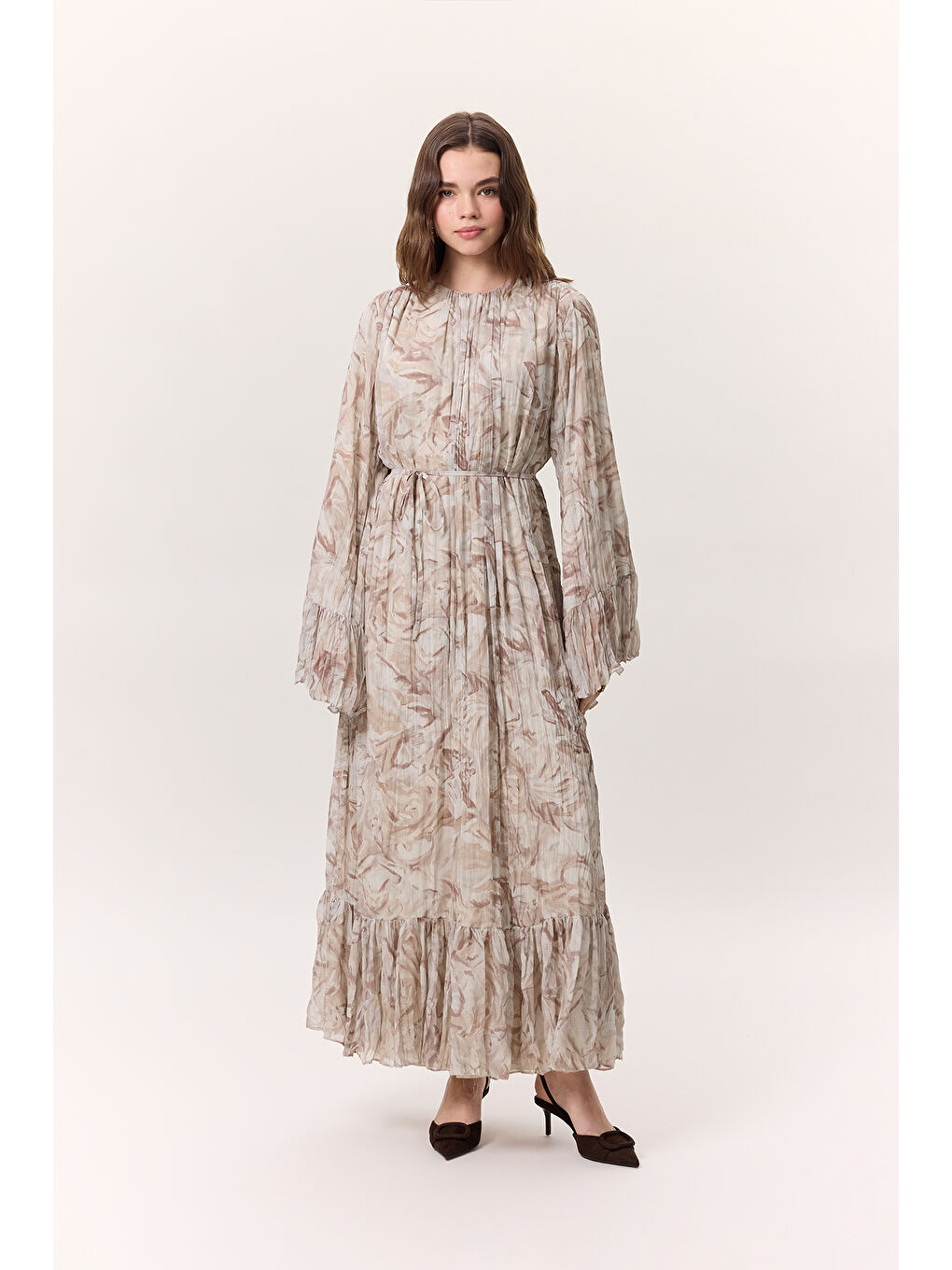 Pembe Desenli Crushlı Katlı Elbise Sophıa Somon-4