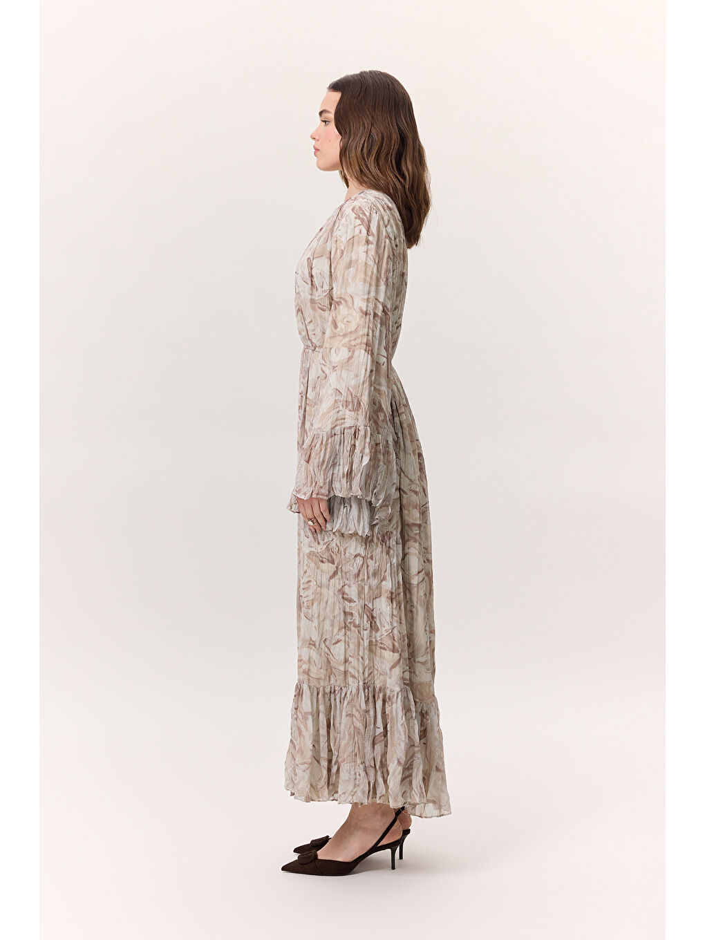 Pembe Desenli Crushlı Katlı Elbise Sophıa Somon-5