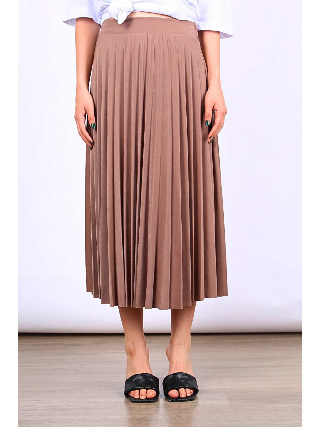 Kahverengi Pileli Kadın Midi Etek Mg1879-2