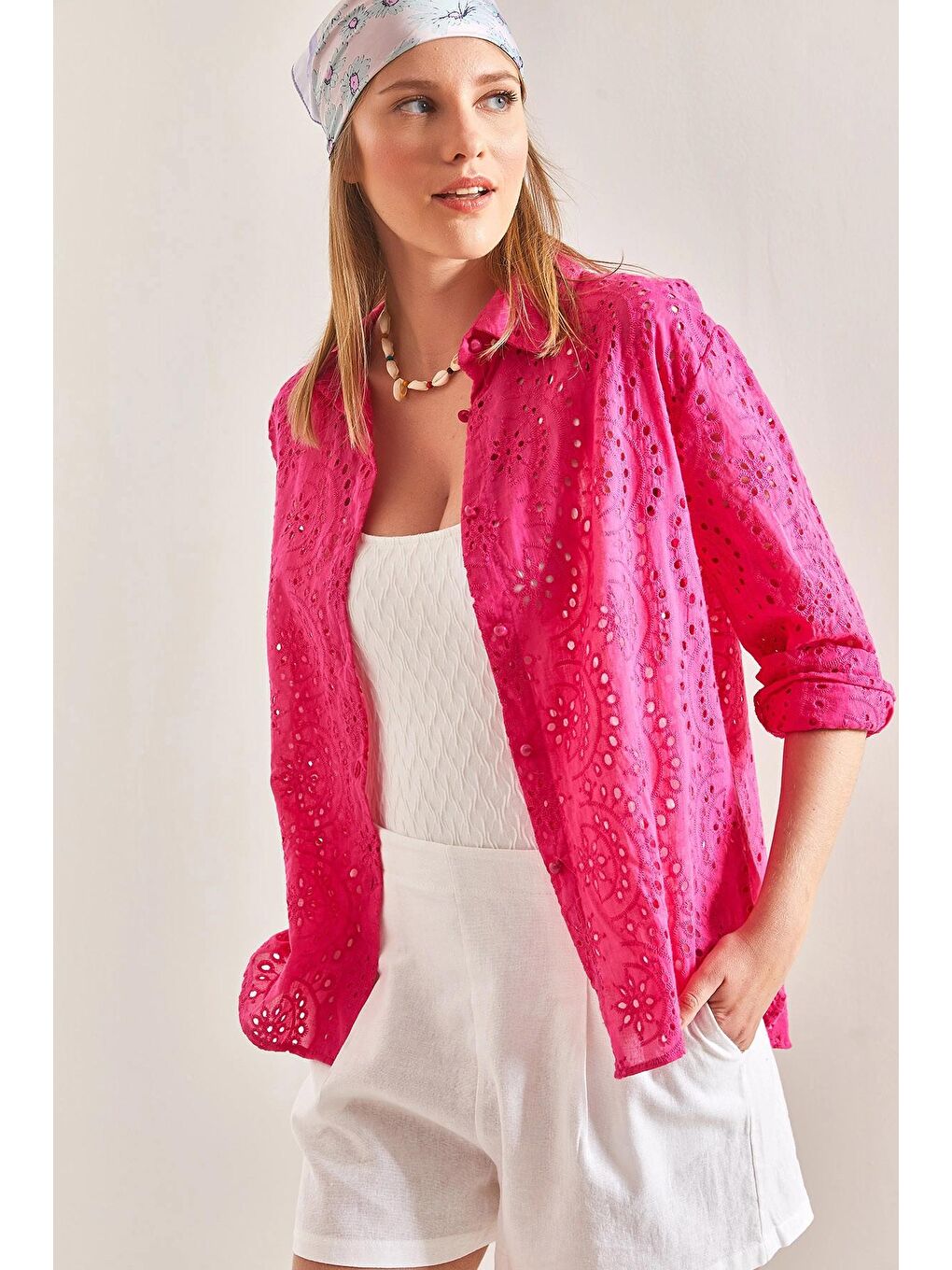 Fuşya Kadın Güpürlü Gömlek