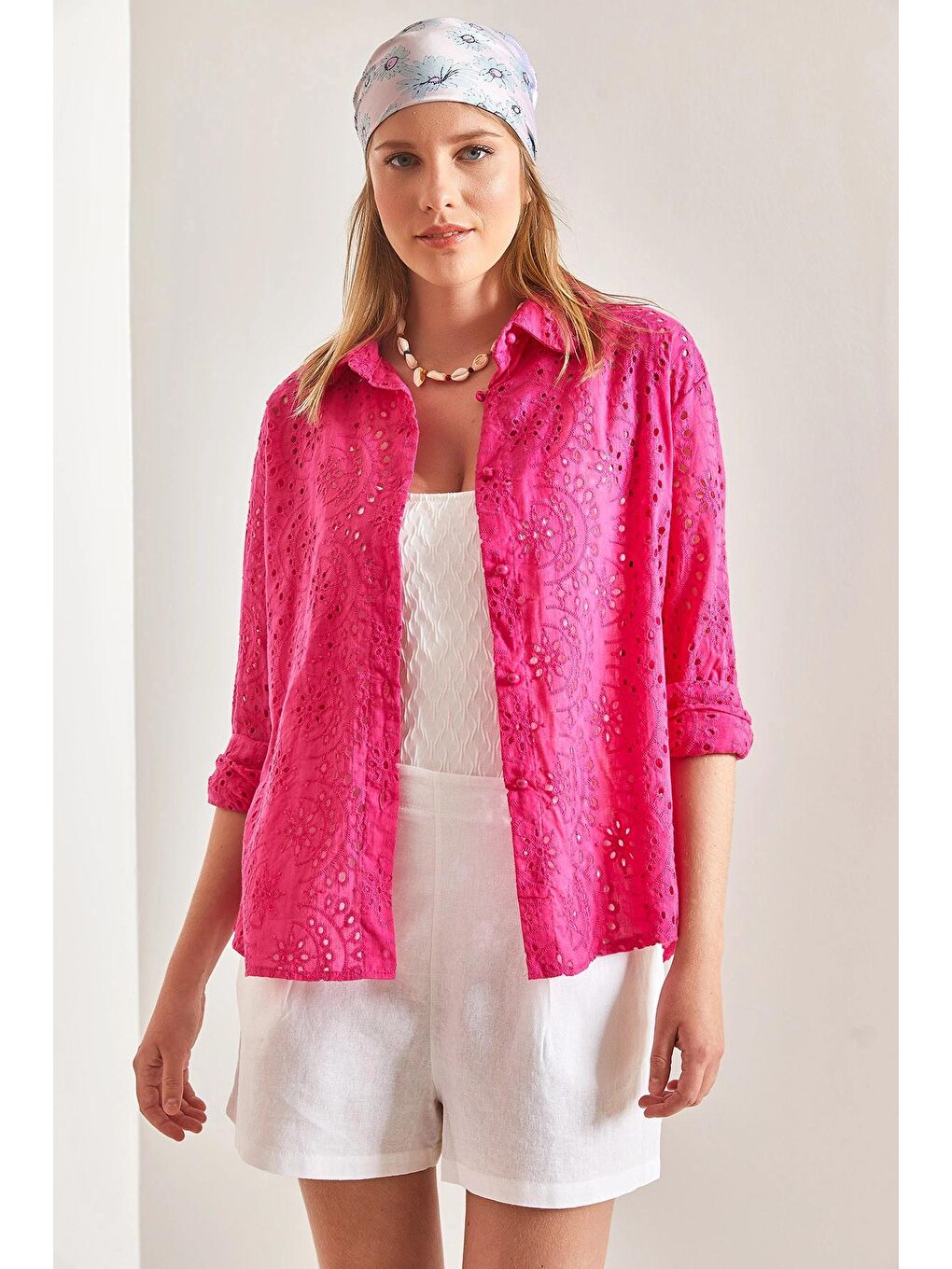 Fuşya Kadın Güpürlü Gömlek-2