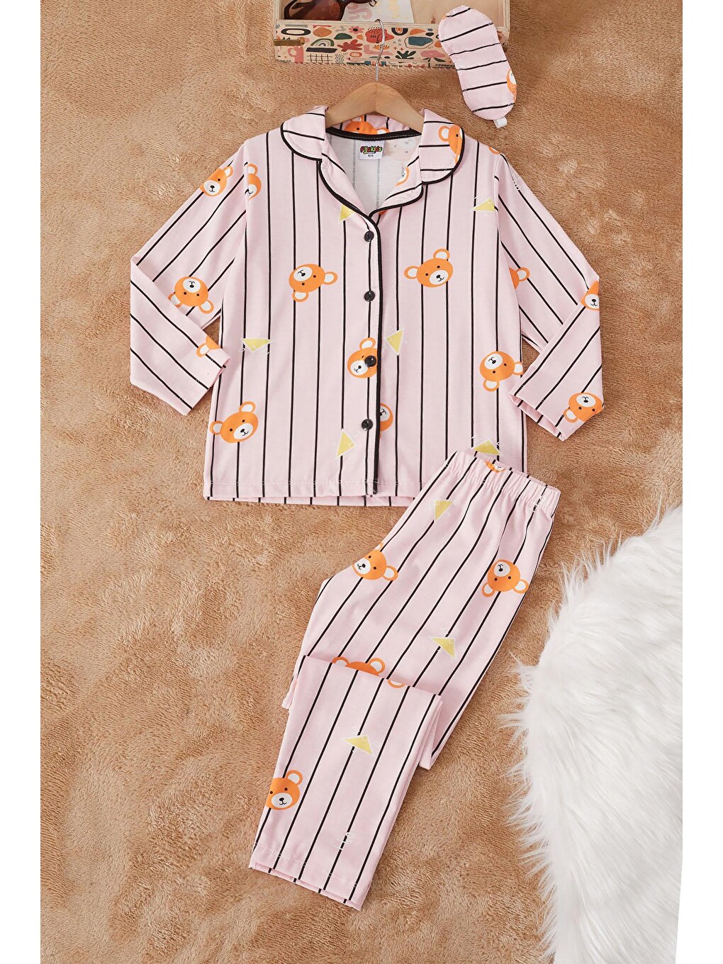 Pembe Çizgili Ayıcıklı Kız Çocuk Pijama Takımı 17164