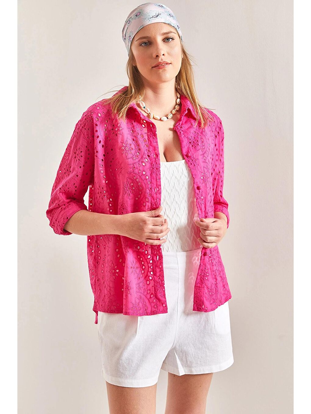 Fuşya Kadın Güpürlü Gömlek-3