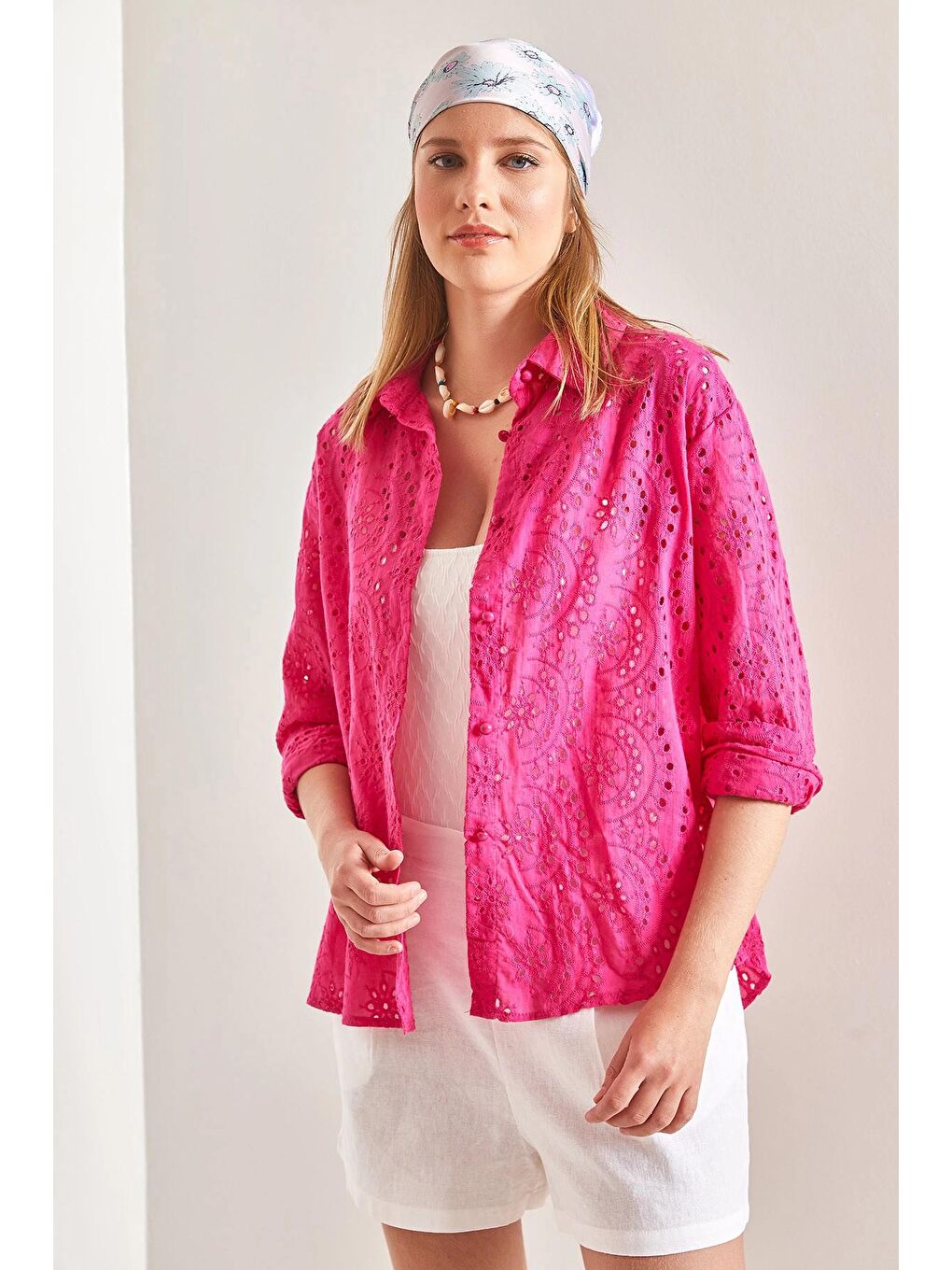 Fuşya Kadın Güpürlü Gömlek-4