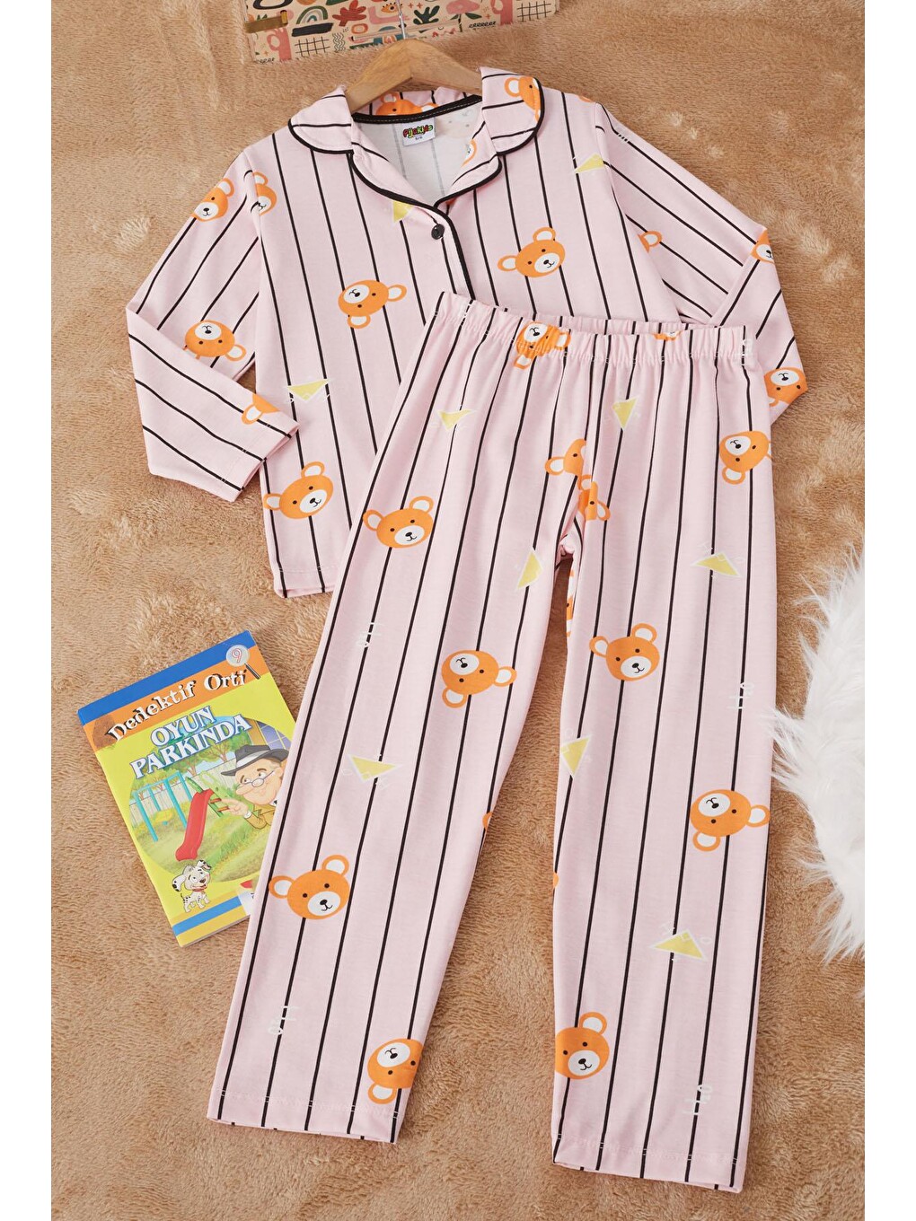 Pembe Çizgili Ayıcıklı Kız Çocuk Pijama Takımı 17164-1