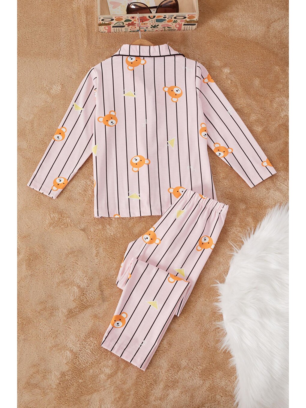 Pembe Çizgili Ayıcıklı Kız Çocuk Pijama Takımı 17164-4