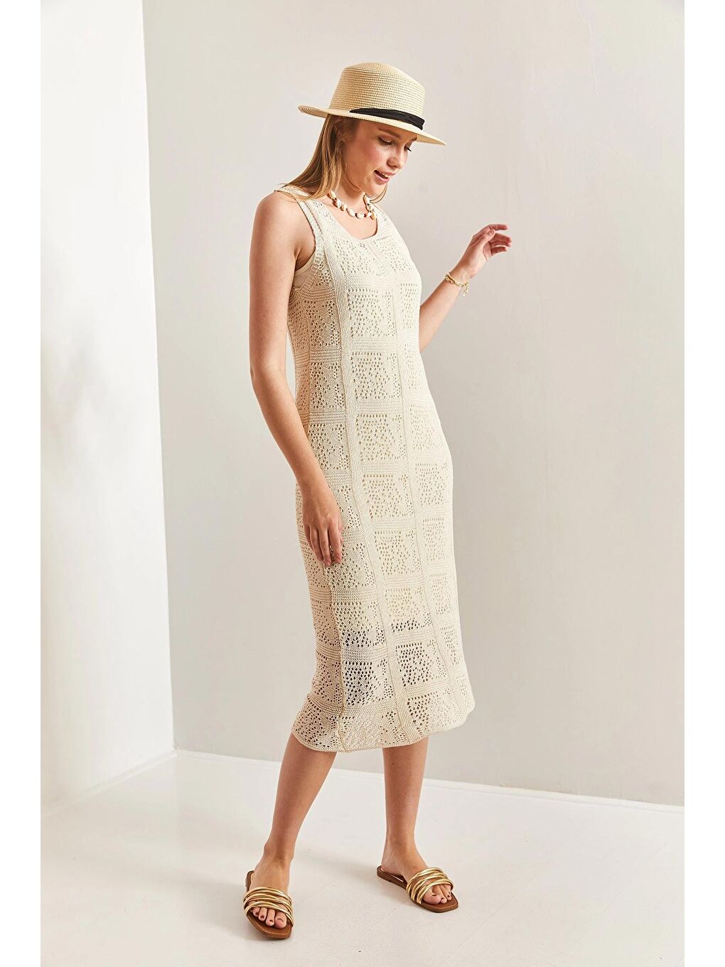 Ekru Kadın Desenli Triko Örme Elbise