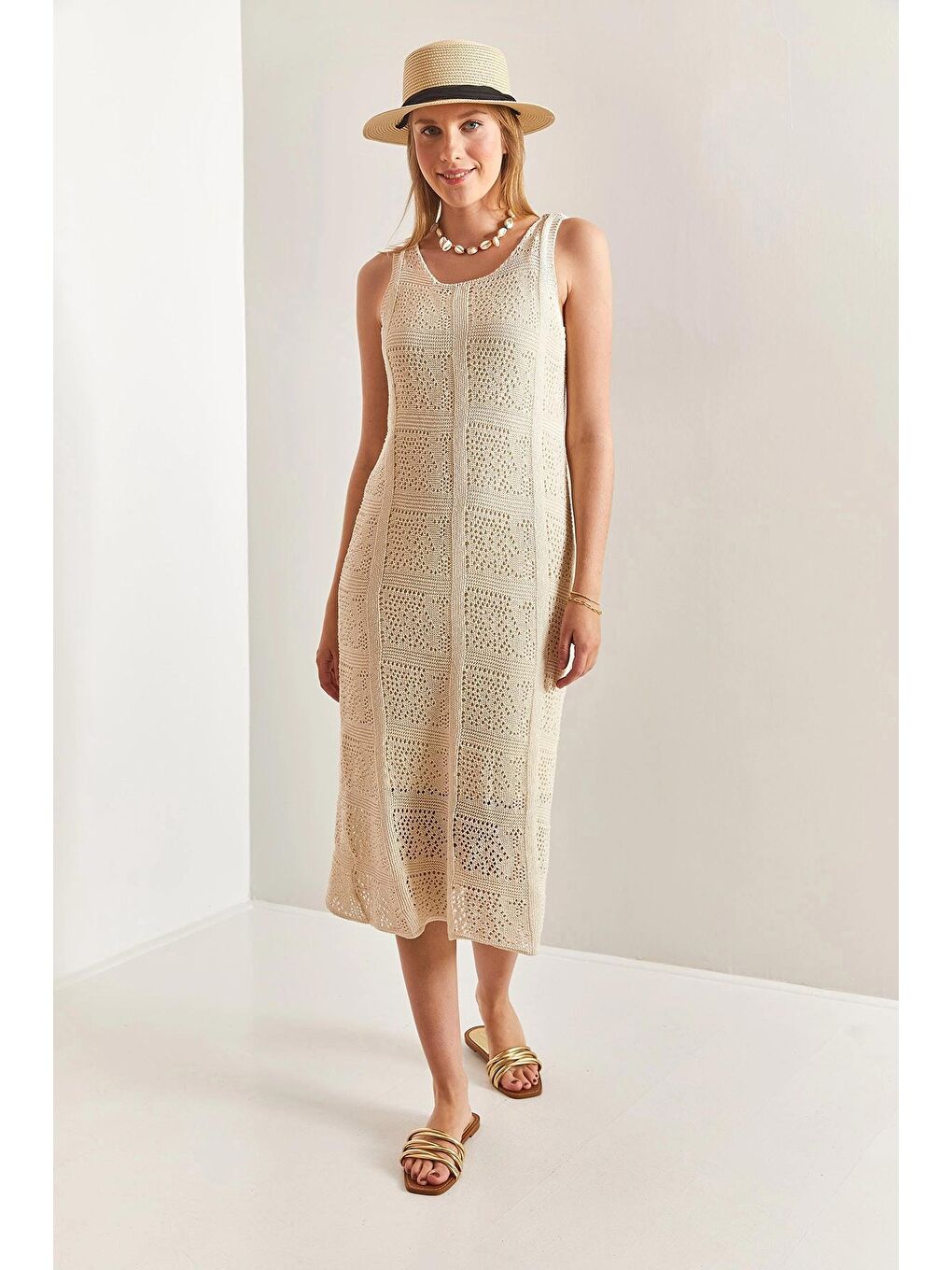 Ekru Kadın Desenli Triko Örme Elbise-3