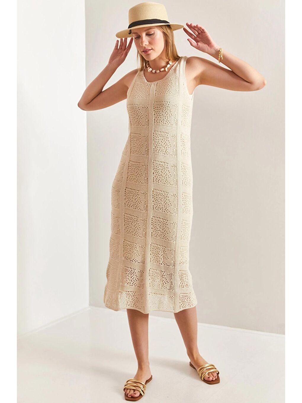 Ekru Kadın Desenli Triko Örme Elbise-4