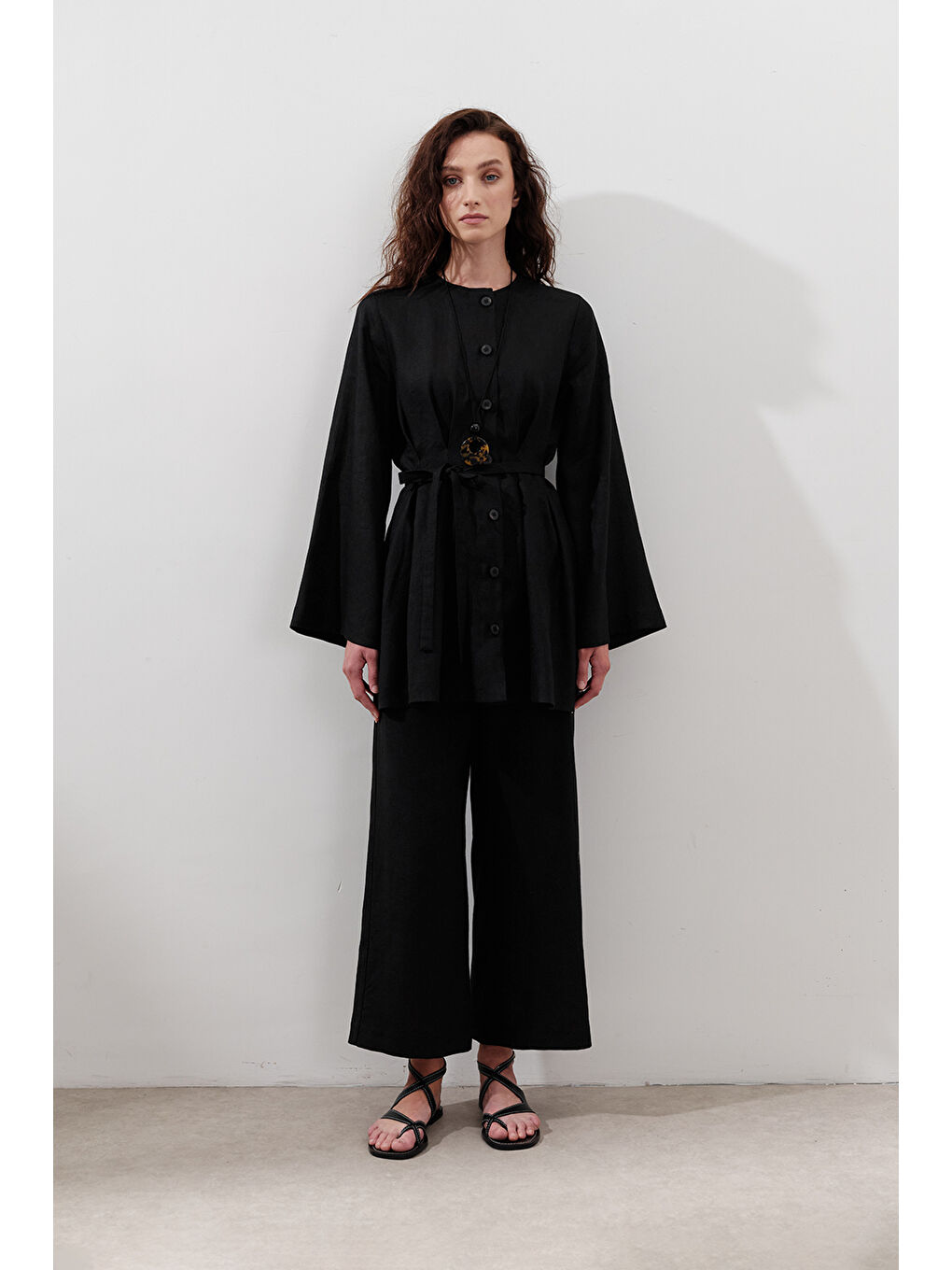 Keten Pensli Tunik Siyah