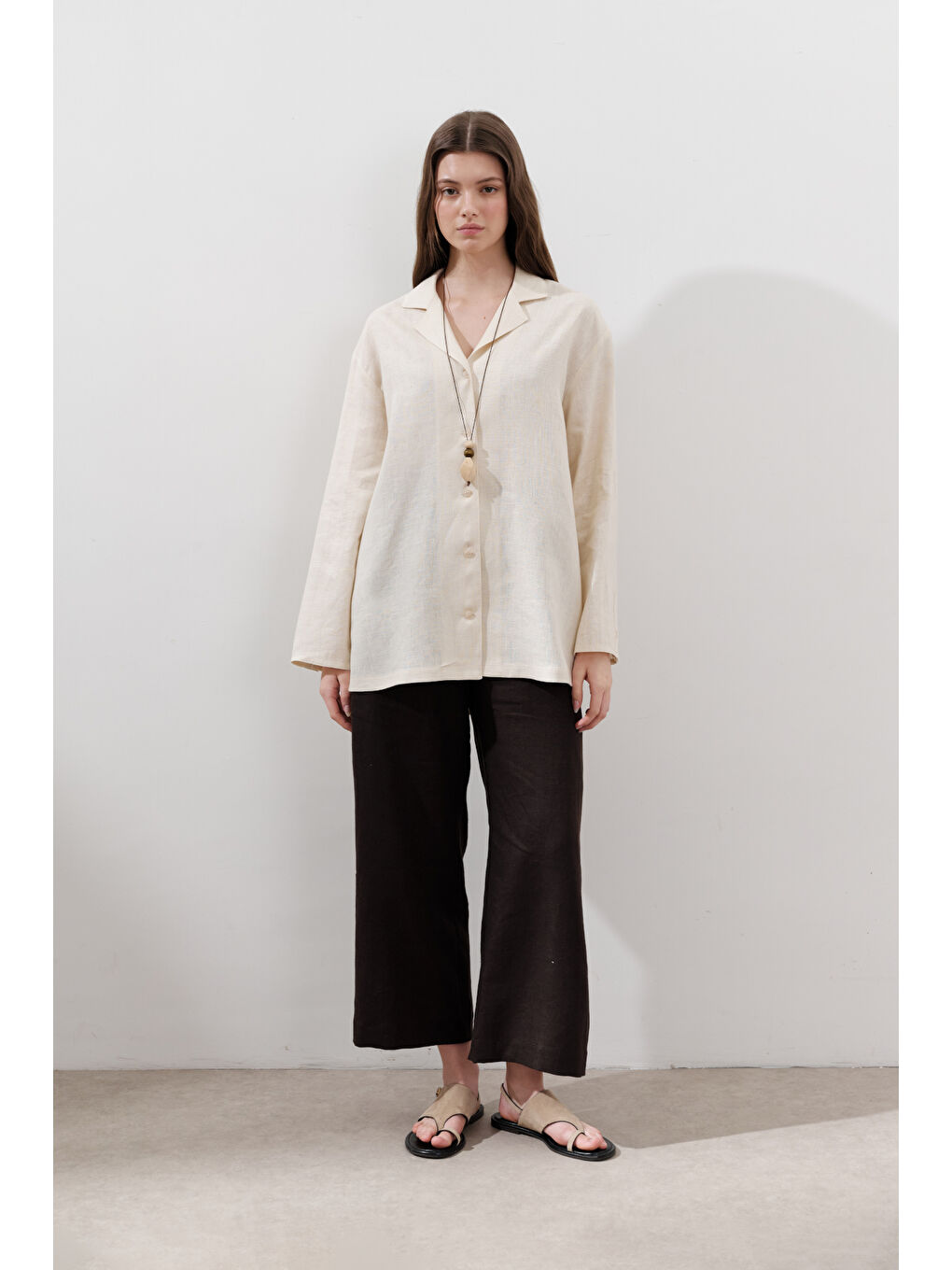 Bej Keten Geniş Kollu Gömlek Vanilya-1