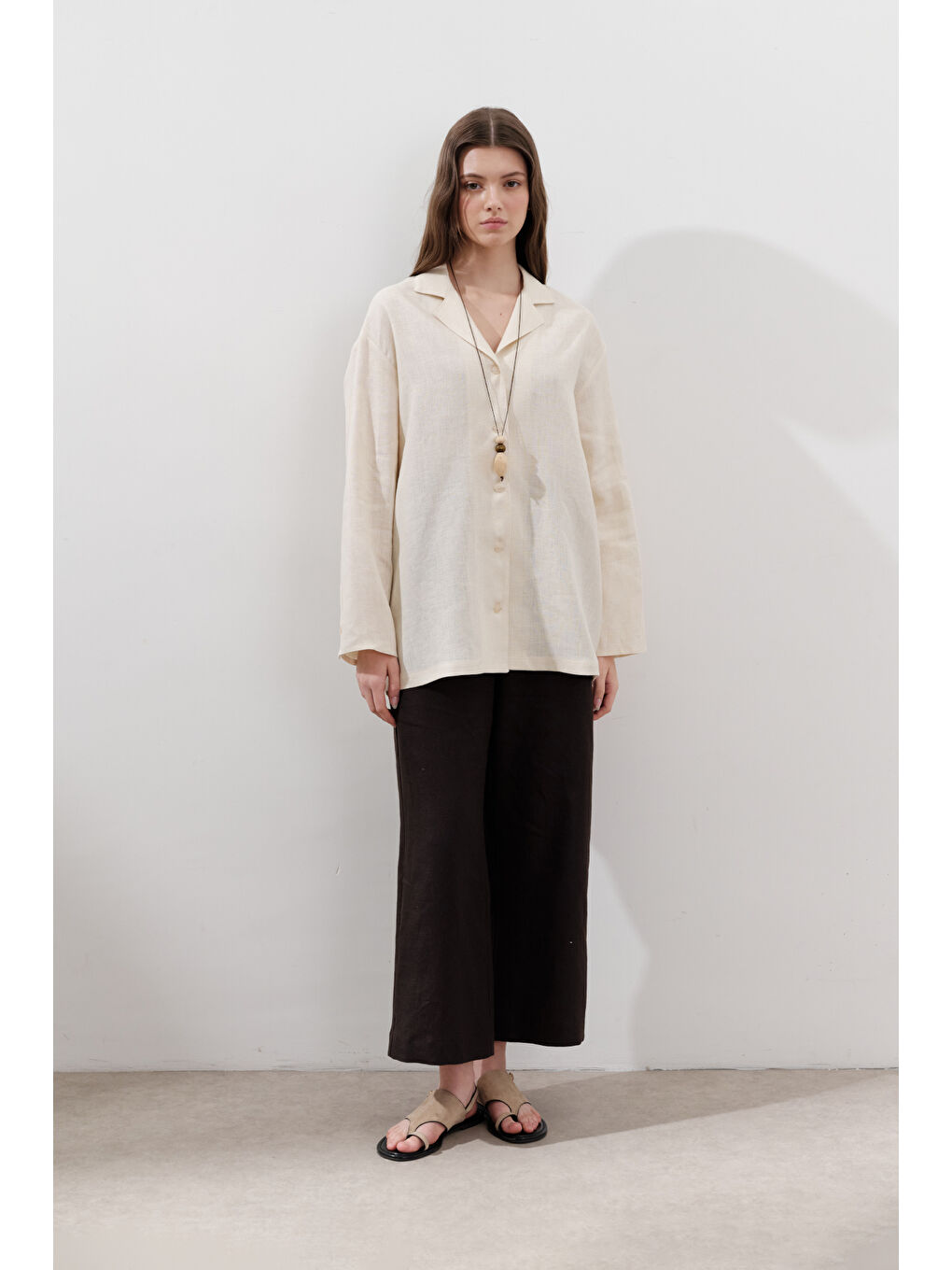 Bej Keten Geniş Kollu Gömlek Vanilya-2