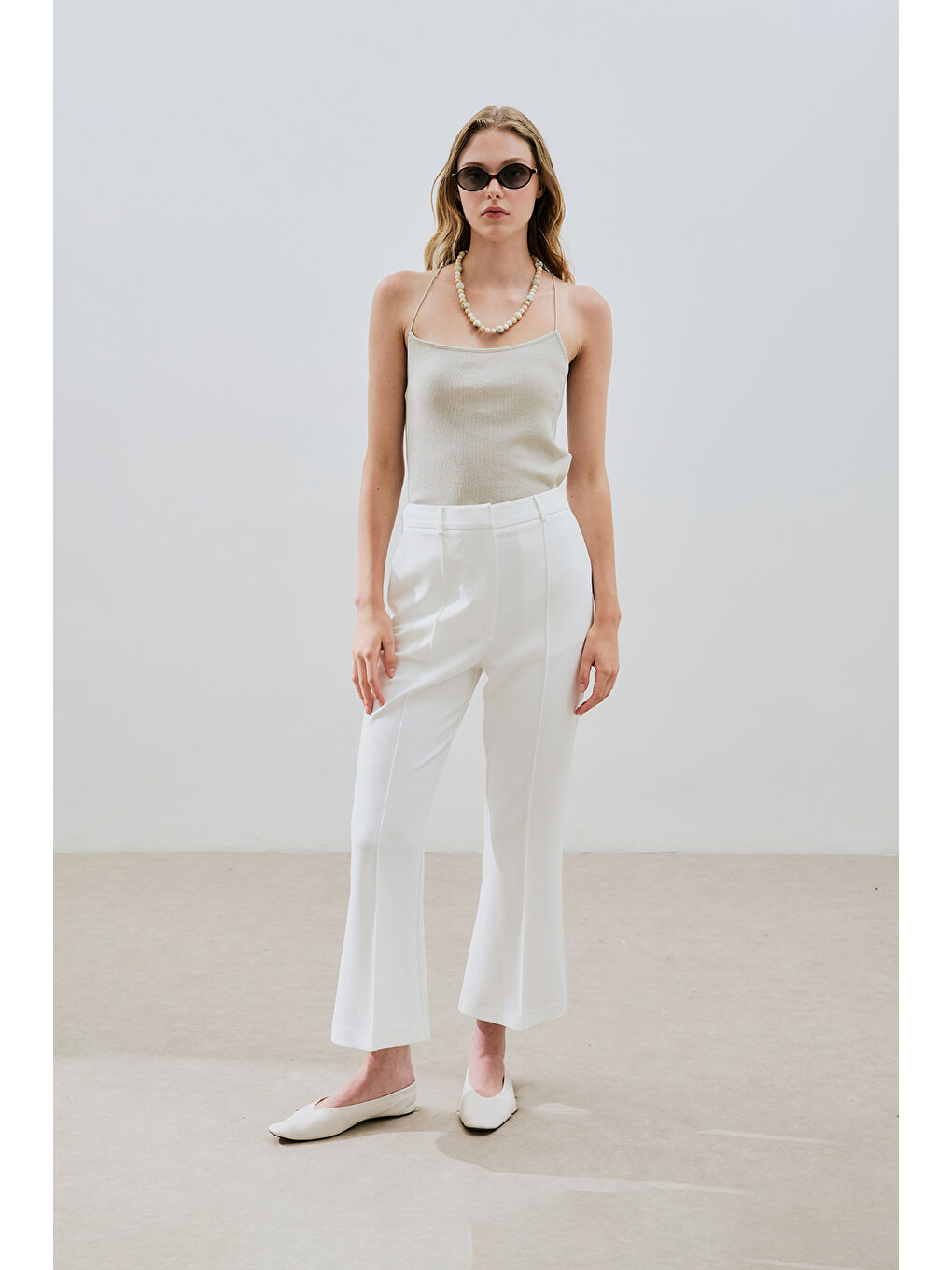 Dikiş Detaylı Flare Pantolon Ekru-1