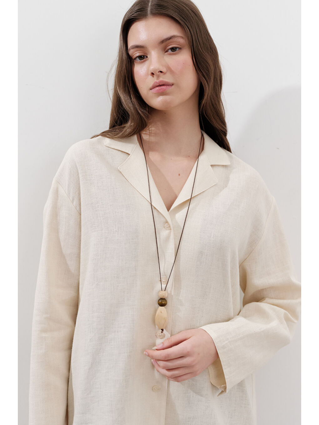 Bej Keten Geniş Kollu Gömlek Vanilya-3