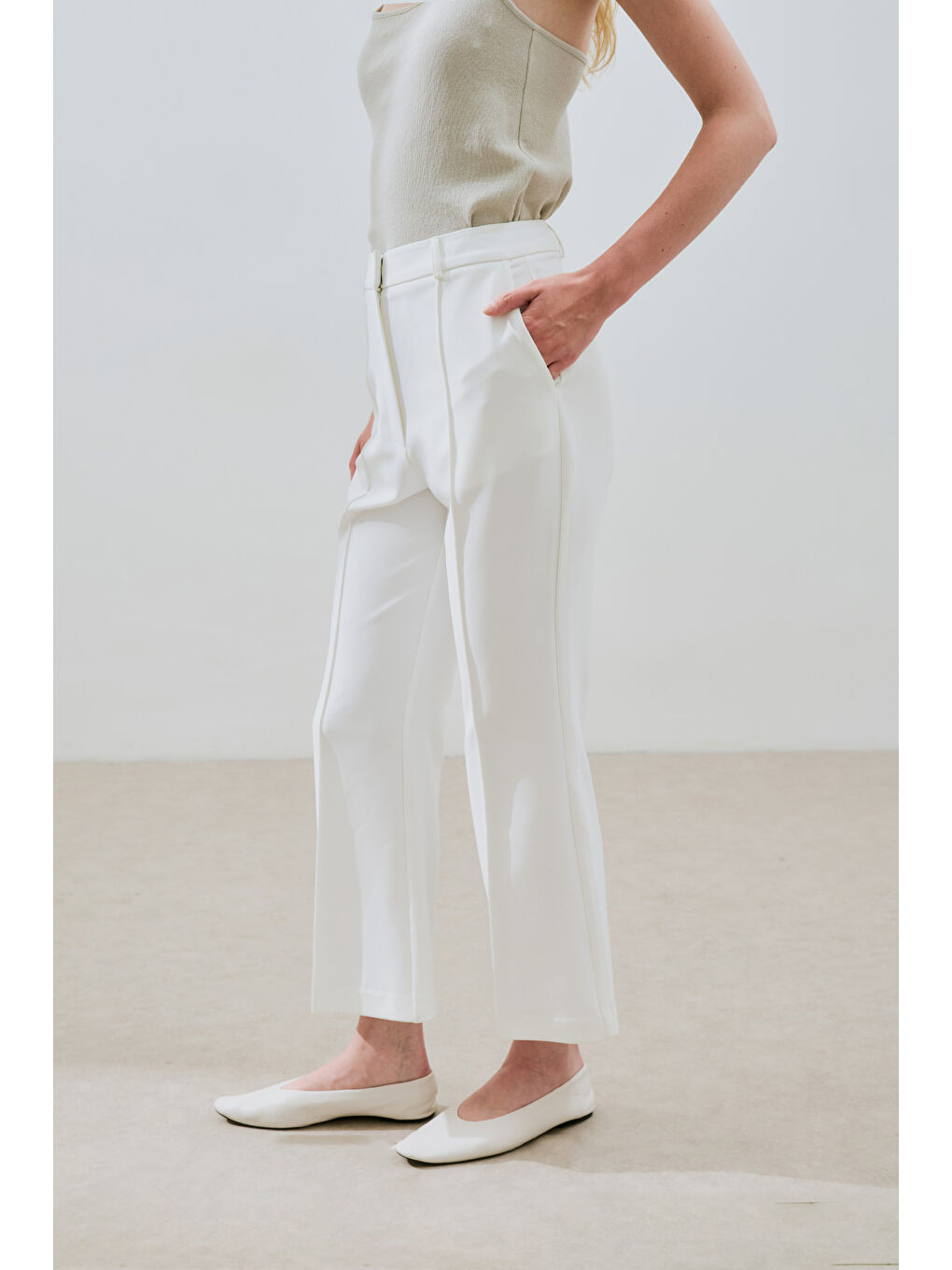 Dikiş Detaylı Flare Pantolon Ekru-2