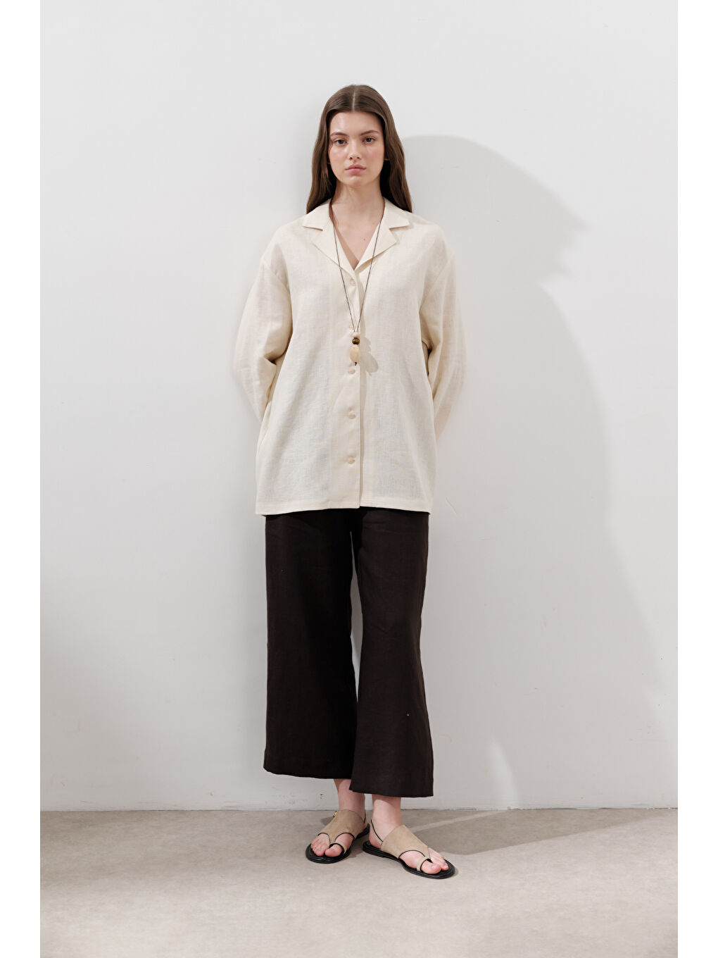 Bej Keten Geniş Kollu Gömlek Vanilya-4