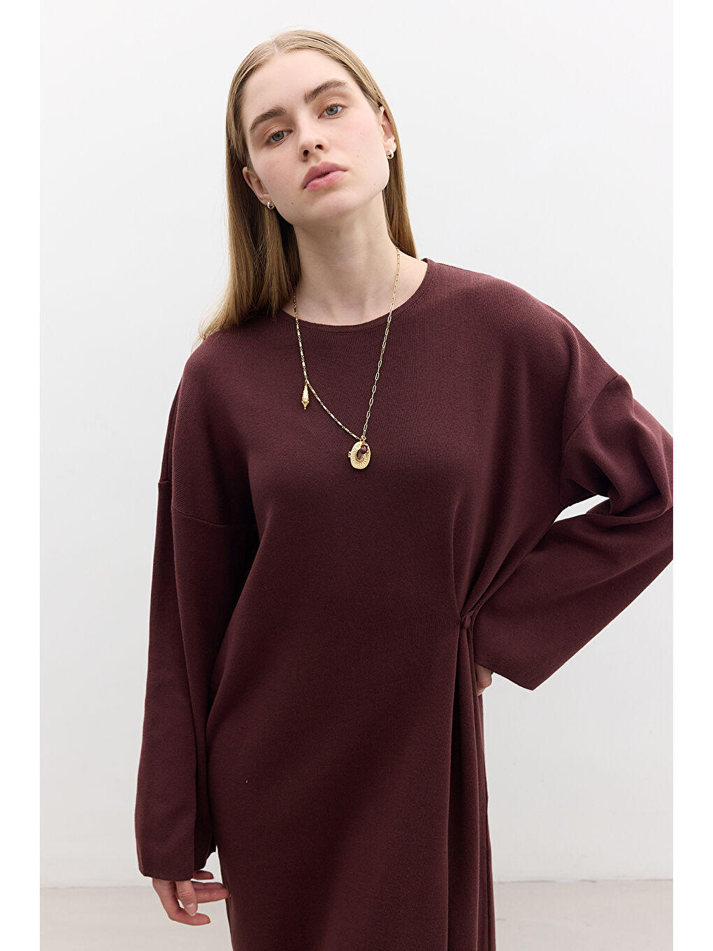 Triko Bağlamalı Elbise Bordo-1