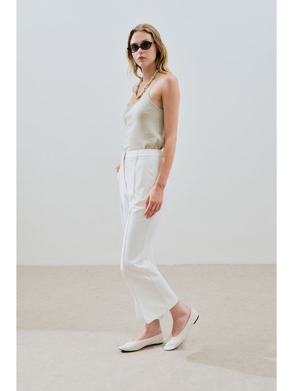 Dikiş Detaylı Flare Pantolon Ekru-4