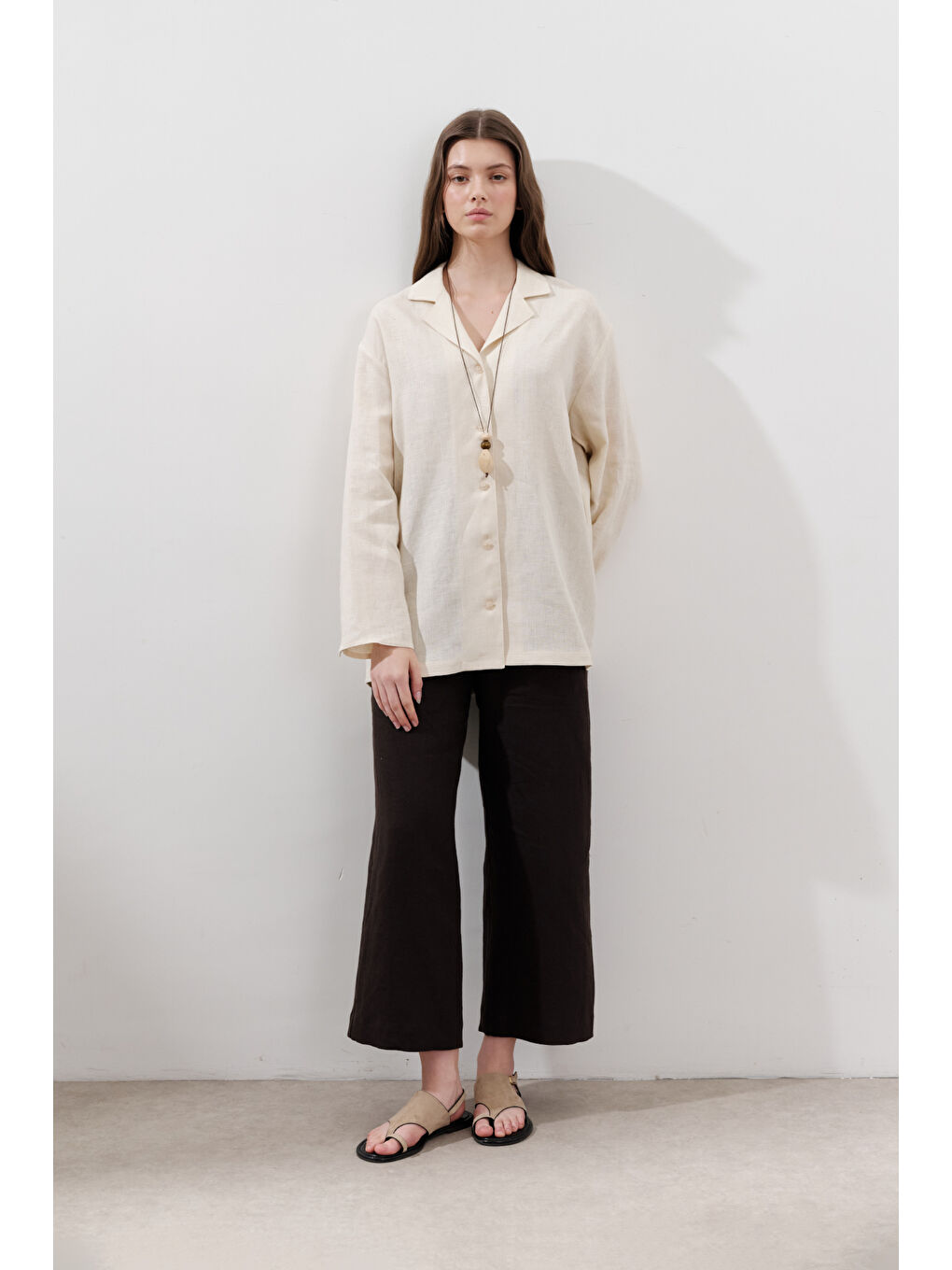 Bej Keten Geniş Kollu Gömlek Vanilya-5