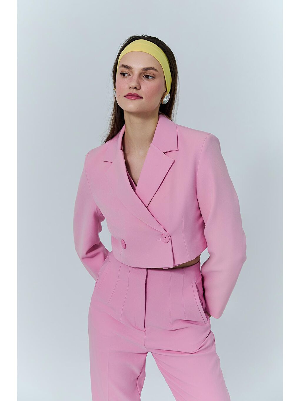 QUZU Pembe Kruvaze Crop Blazer Ceket Pembe - 2