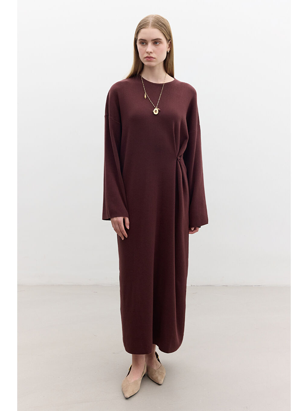 Triko Bağlamalı Elbise Bordo-2