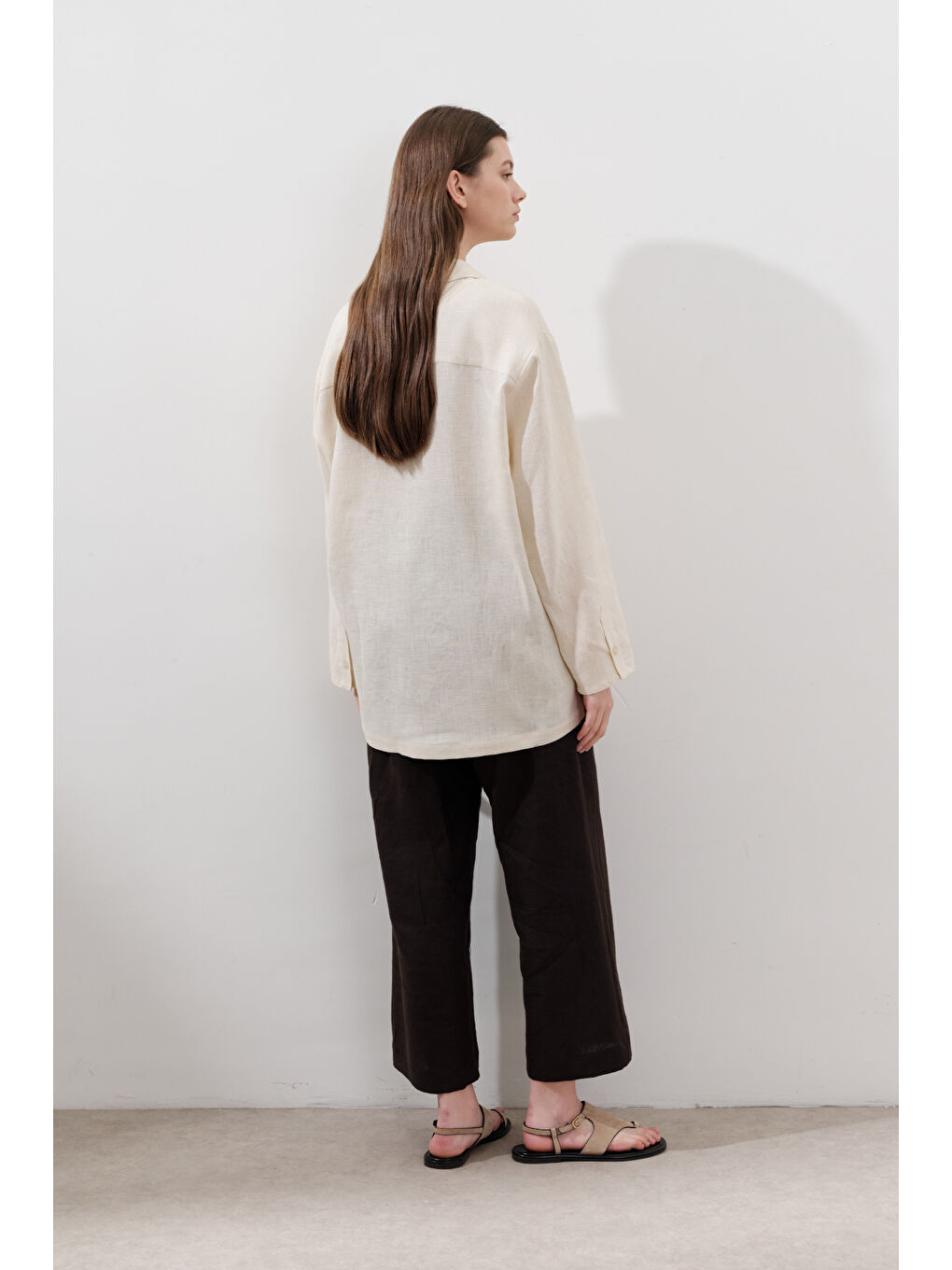 Bej Keten Geniş Kollu Gömlek Vanilya-6