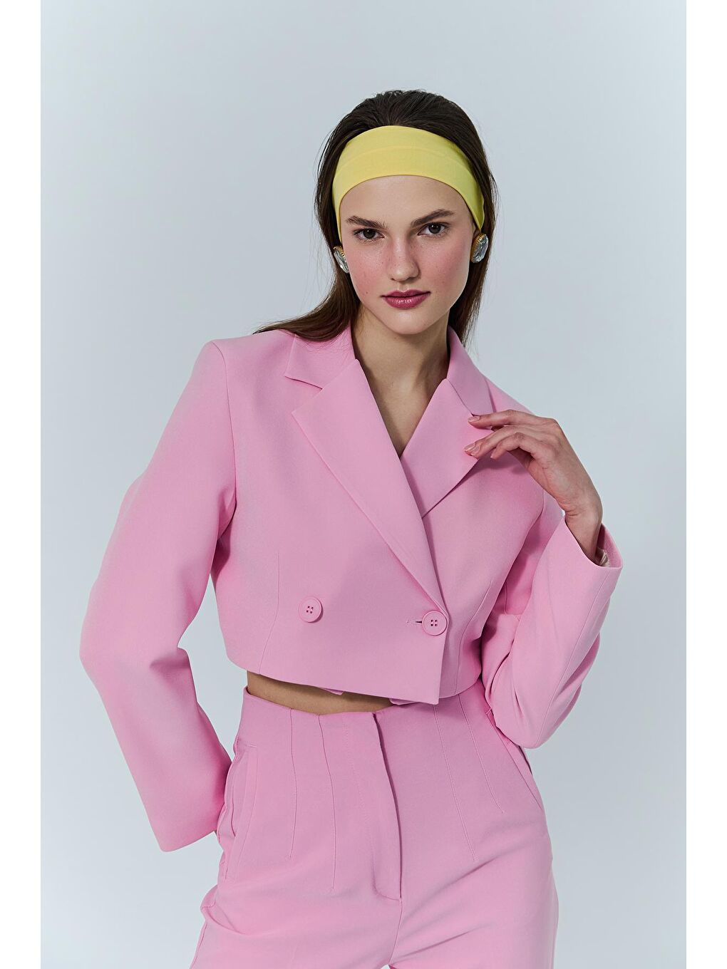 QUZU Pembe Kruvaze Crop Blazer Ceket Pembe - 3