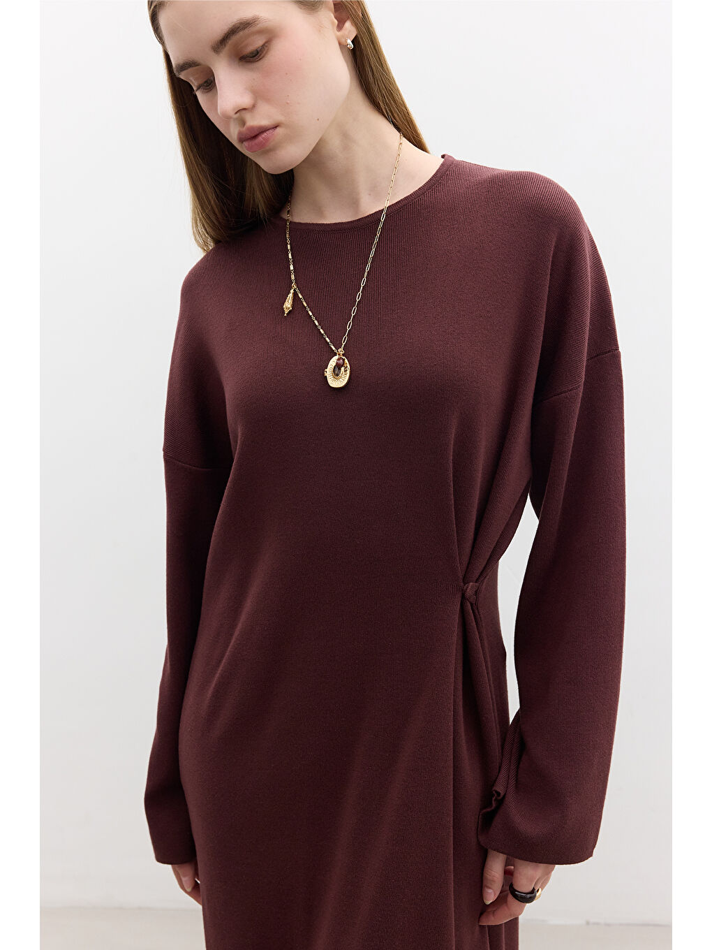 Triko Bağlamalı Elbise Bordo-3