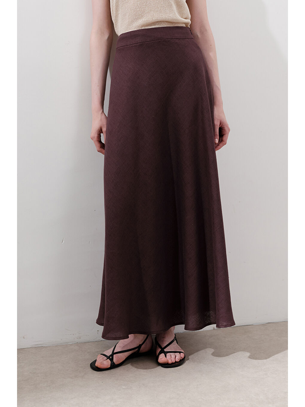 Keten Dikiş Detaylı Etek Mürdüm-2