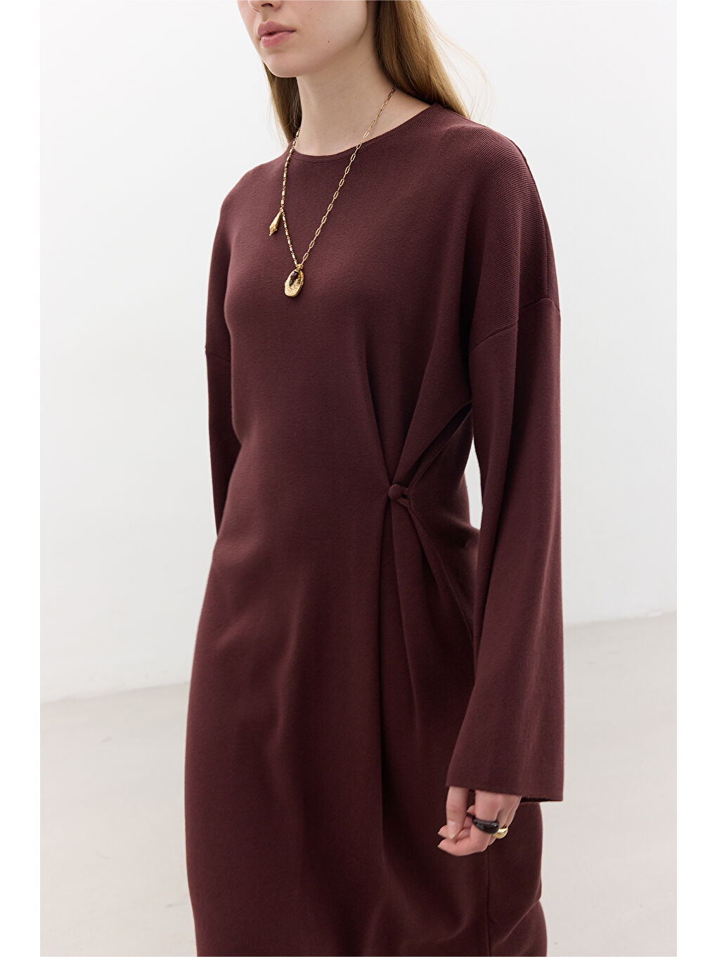 Triko Bağlamalı Elbise Bordo-4