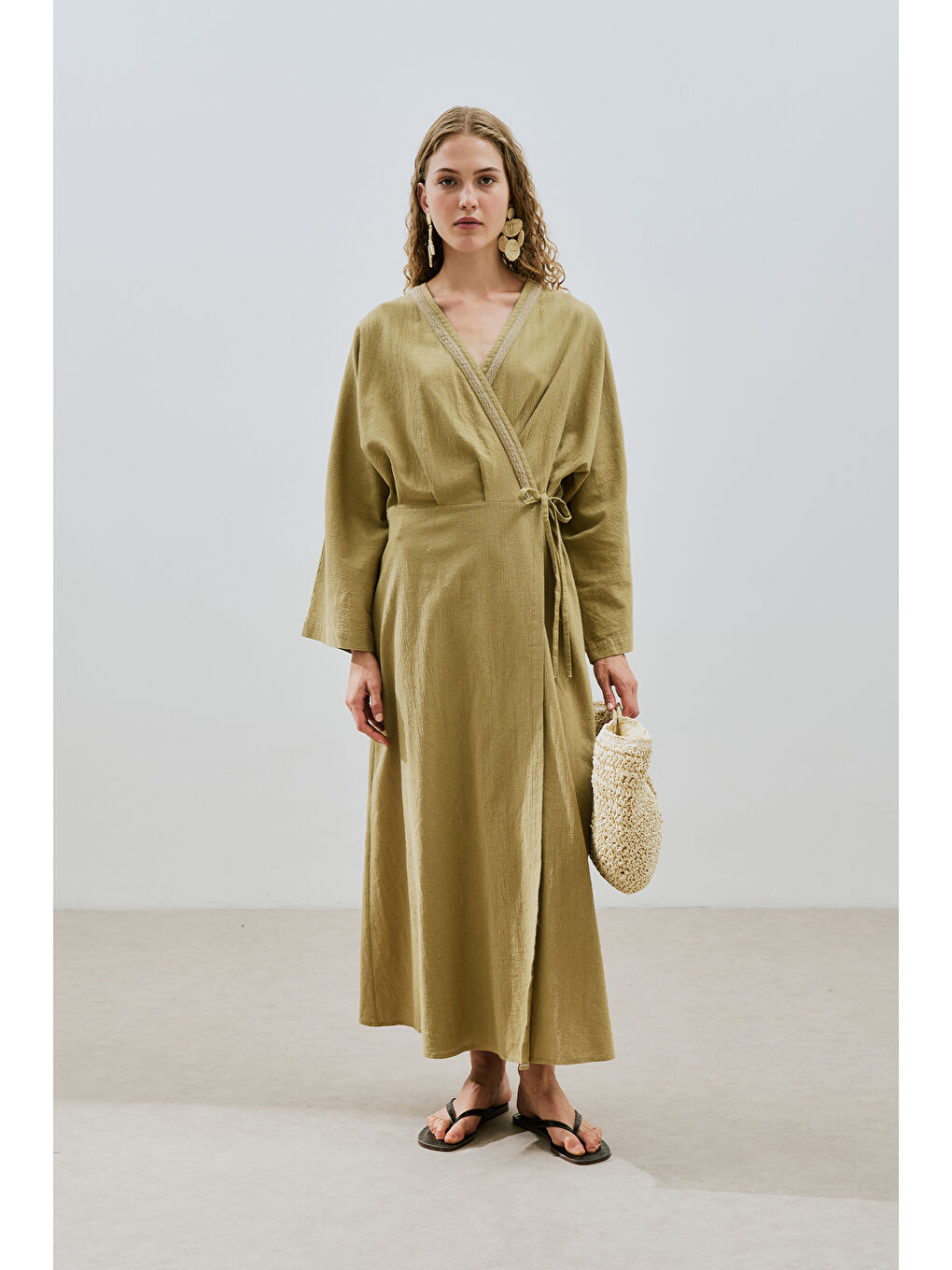 Dokulu Kruvaze Kapamalı Elbise Haki-1