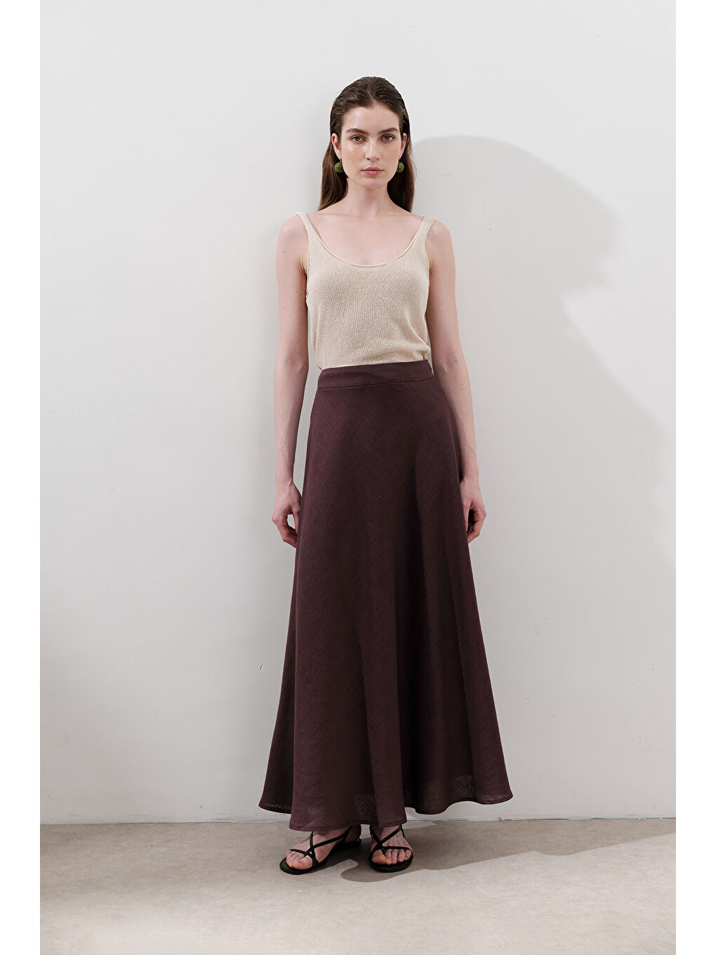 Keten Dikiş Detaylı Etek Mürdüm-3