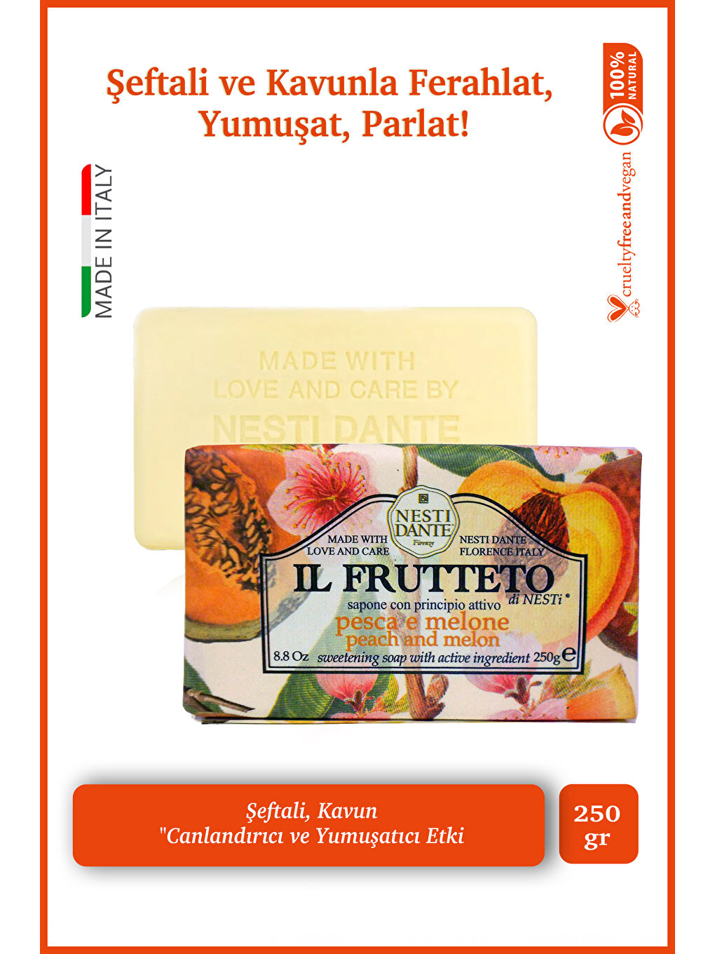 Il Frutteto Peach & Melon Katı Sabun 250gr | Nemlendirici Ve Canlandırıcı | Şeftali Ve K