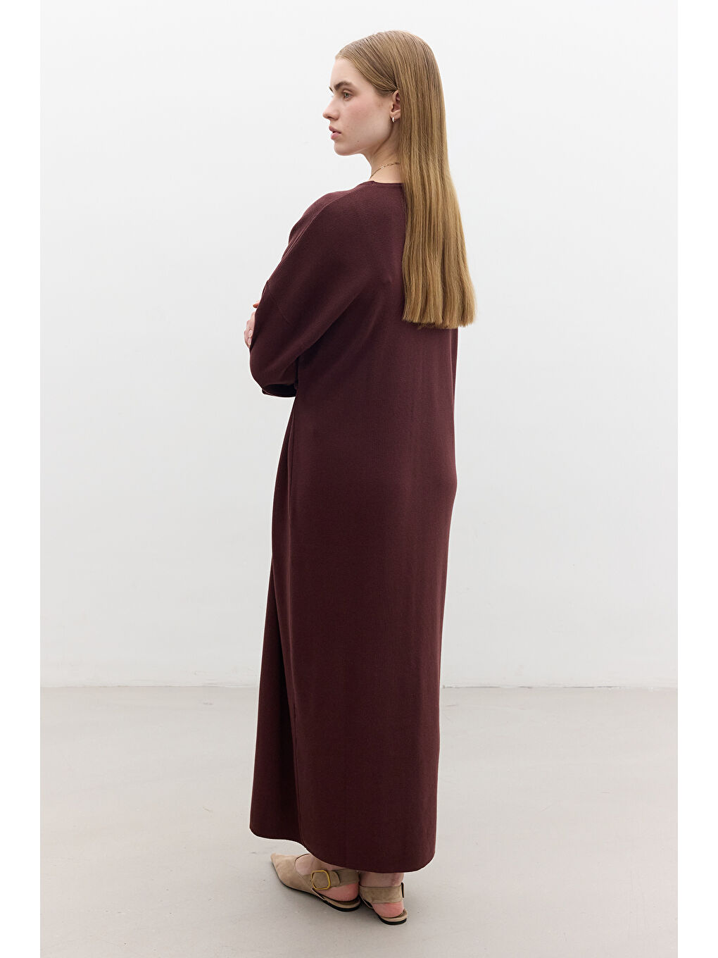 Triko Bağlamalı Elbise Bordo-5