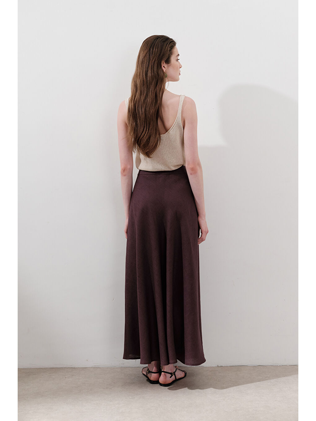 Keten Dikiş Detaylı Etek Mürdüm-4