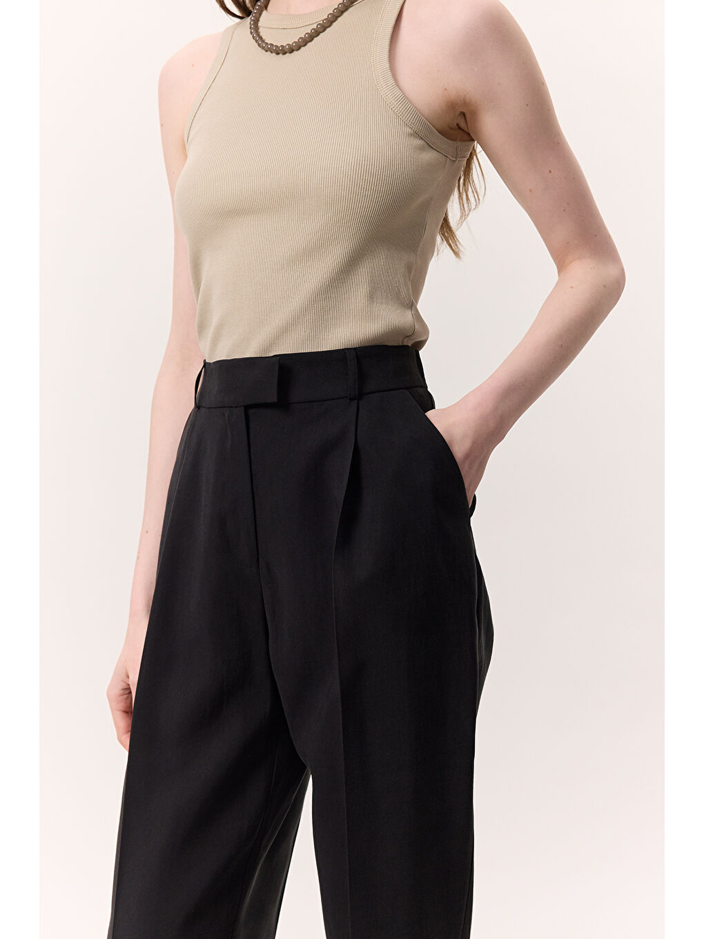 Lyocell Pileli Pantolon Siyah-5