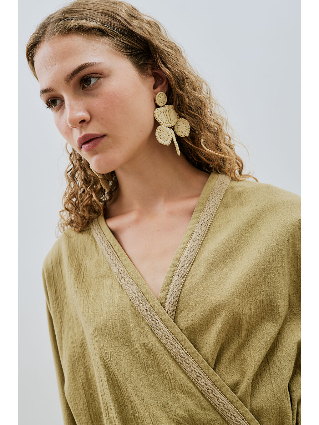 Dokulu Kruvaze Kapamalı Elbise Haki-2