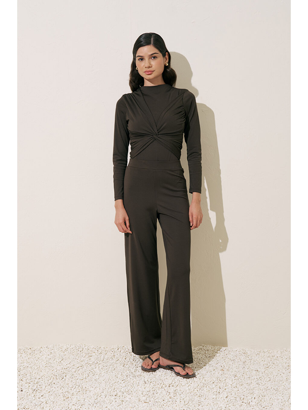 Geniş Uzun Paça Mayo Pantolon Kahverengi-1