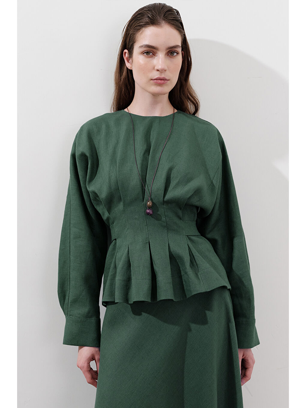 Keten Kruvaze Bağlamalı Bluz Petrol