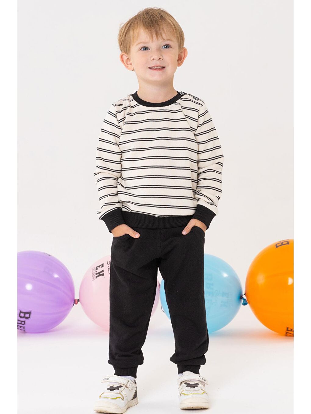 Erkek Bebek   Eşofman Takım Çizgili Cepli Ekru (1-4 Yaş)