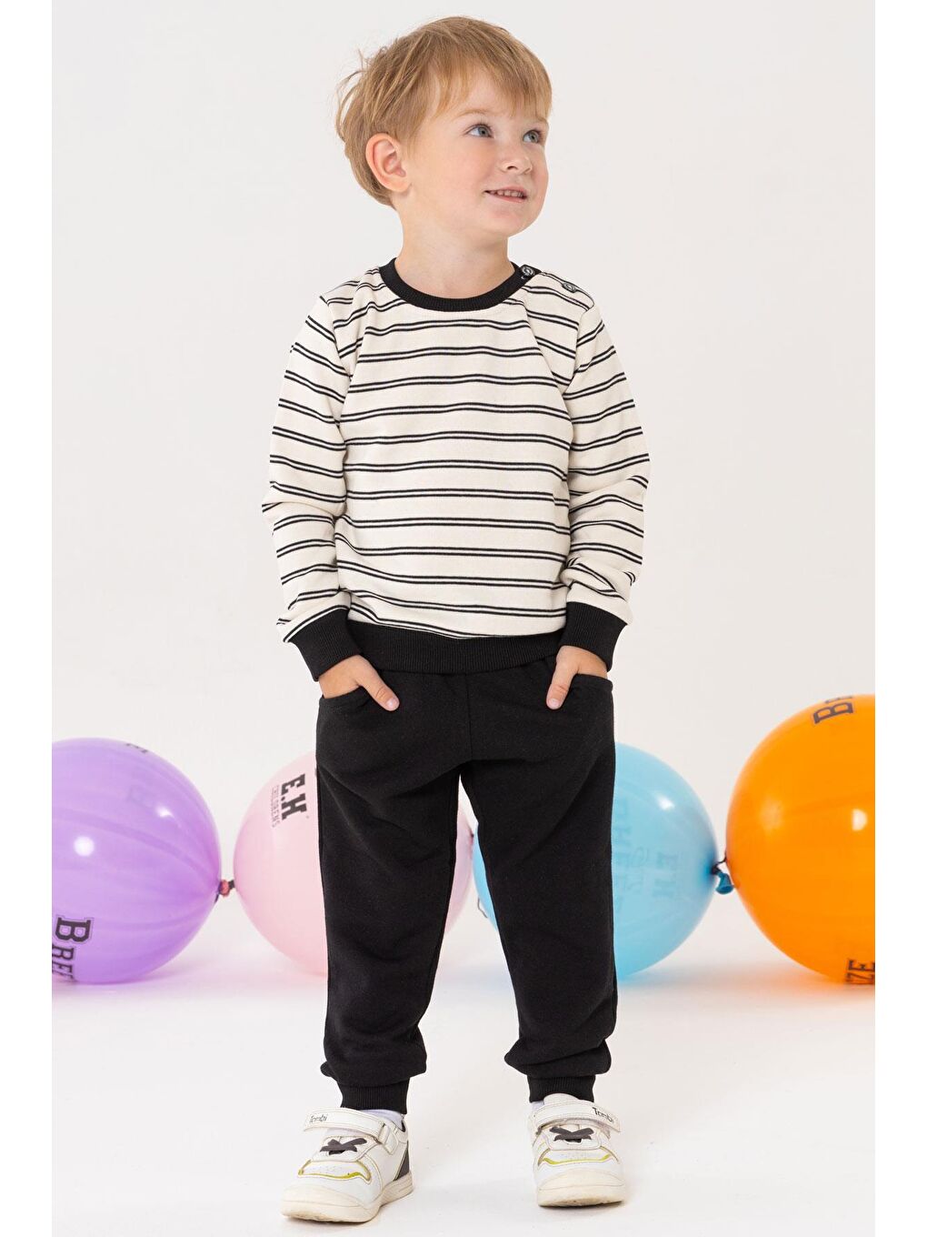 Erkek Bebek   Eşofman Takım Çizgili Cepli Ekru (1-4 Yaş)-1