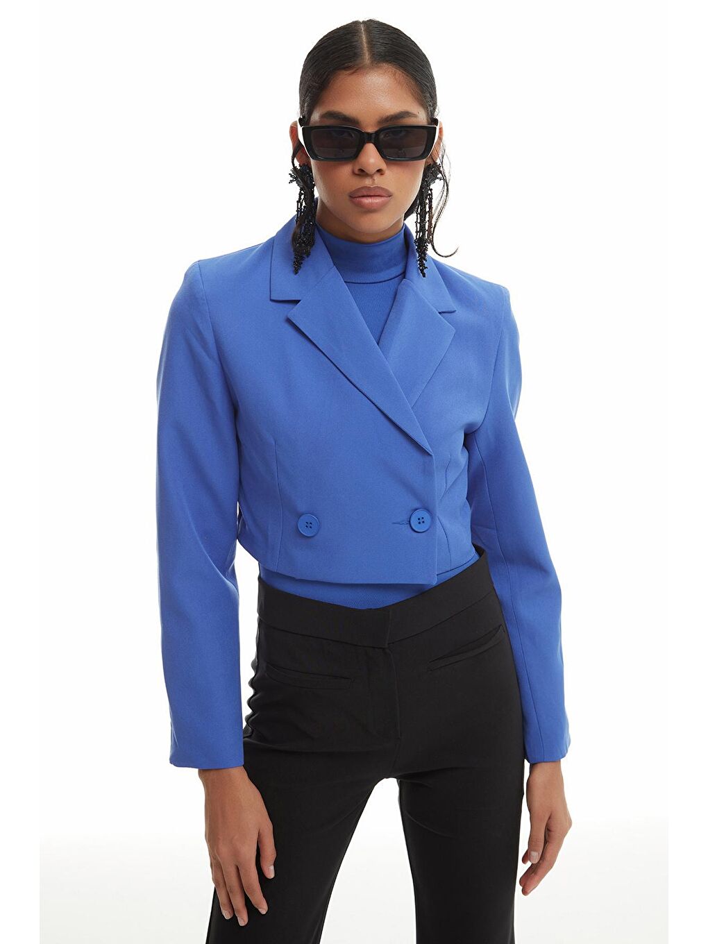 Kruvaze Crop Blazer Ceket Koyu Mavi