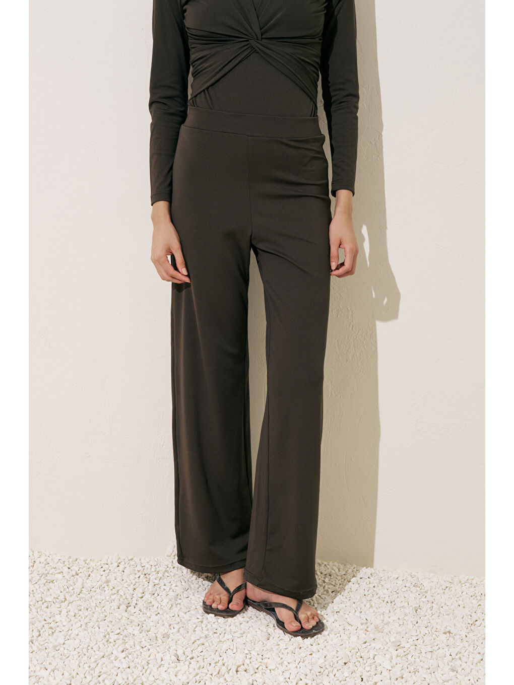 Geniş Uzun Paça Mayo Pantolon Kahverengi-3