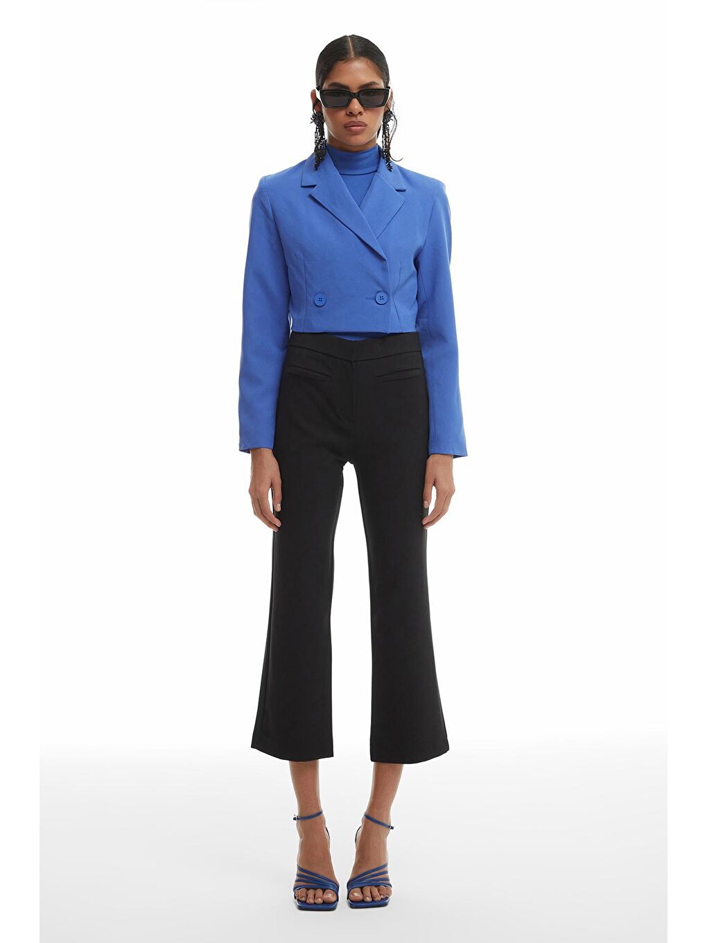 Kruvaze Crop Blazer Ceket Koyu Mavi-1