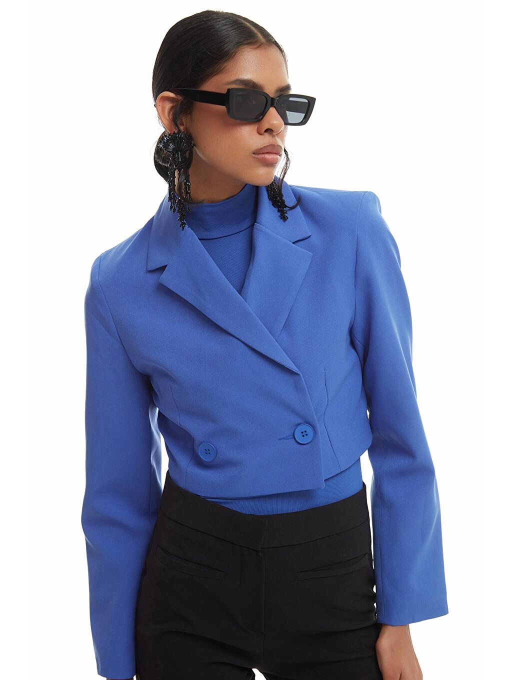 Kruvaze Crop Blazer Ceket Koyu Mavi-2