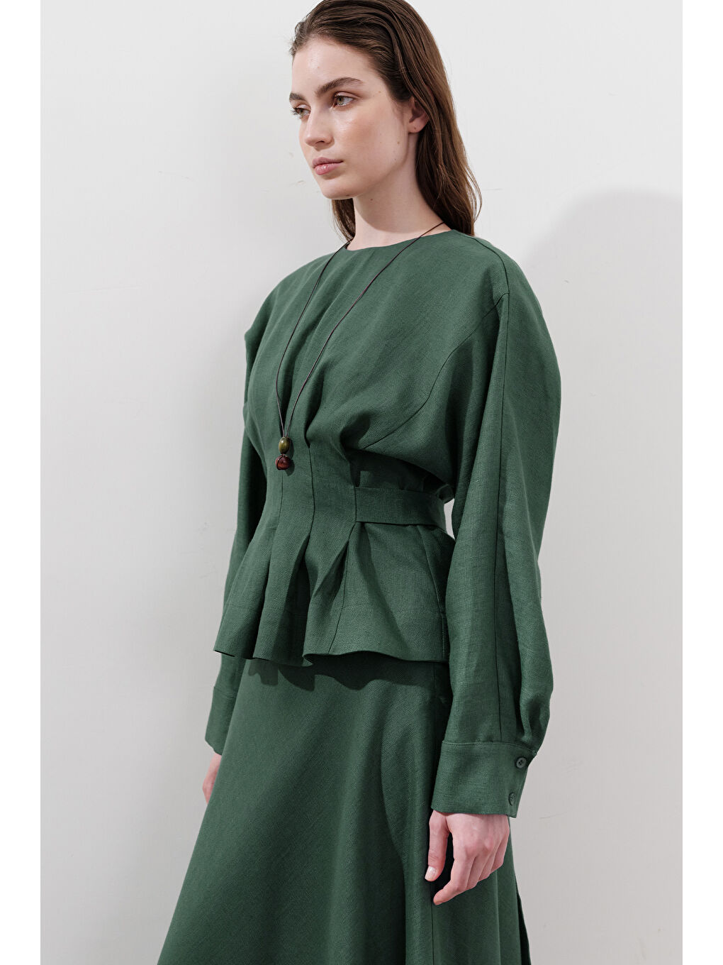 Keten Kruvaze Bağlamalı Bluz Petrol-2